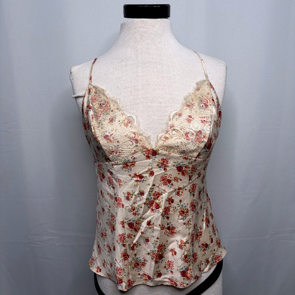 Guess Women Cream Floral Lace Trim Cami Top Rose Print W43H61W3IZ1 Size L